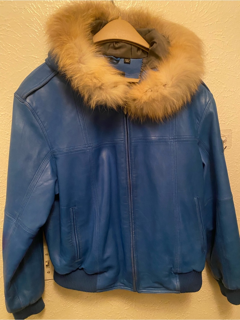 Pelle Pelle Blue Leather Bomber Jacket with Tan Fur Hood Trim